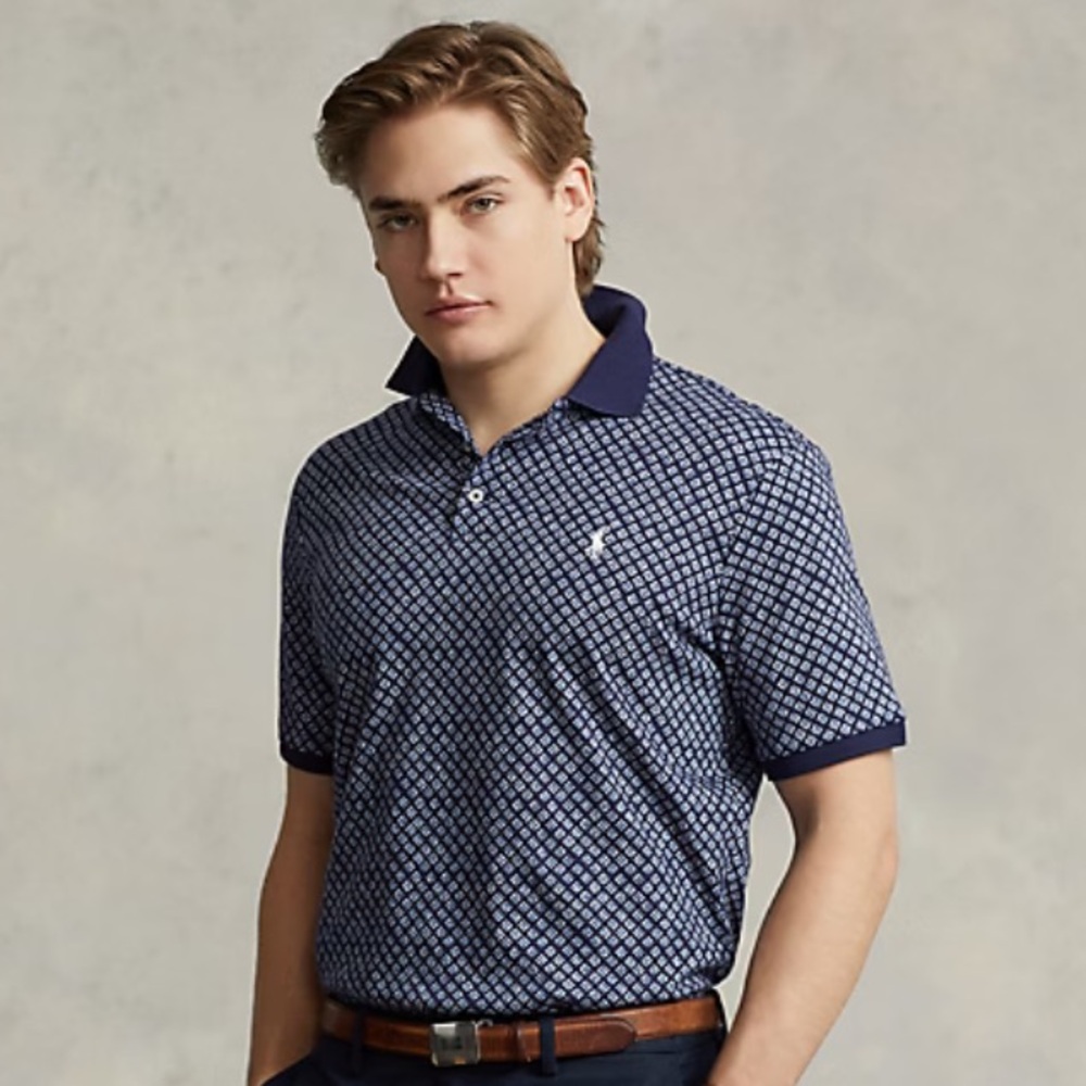 Ralph Lauren Navy and White Patterned Polo Sz L